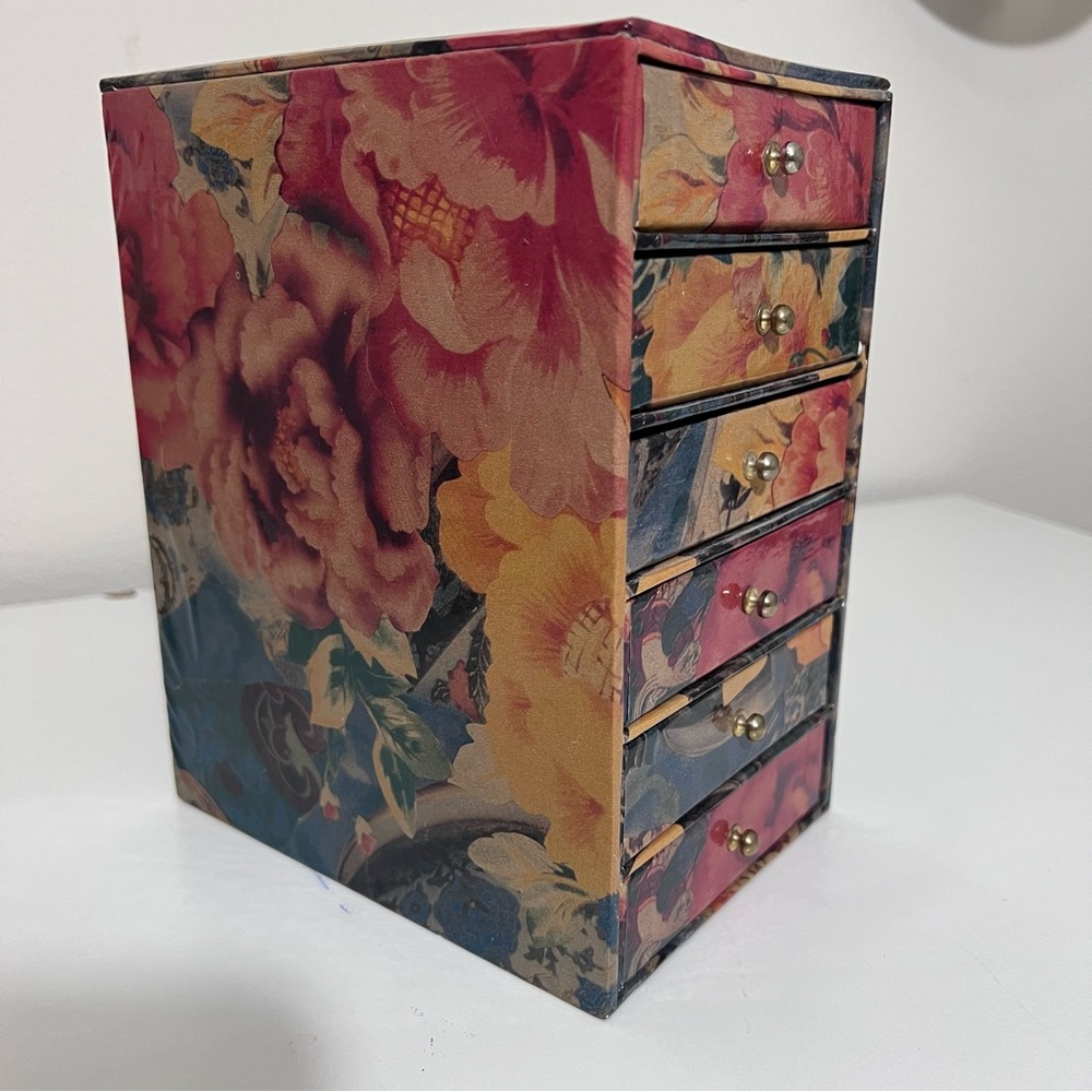 Vintage Floral Jewelry Box 6 Drawer Cardboard Vanity Organizer Cottagecore